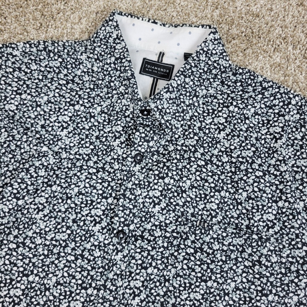 7 Diamonds Mens Large Black White AOP Floral Button Down Short Sleeve